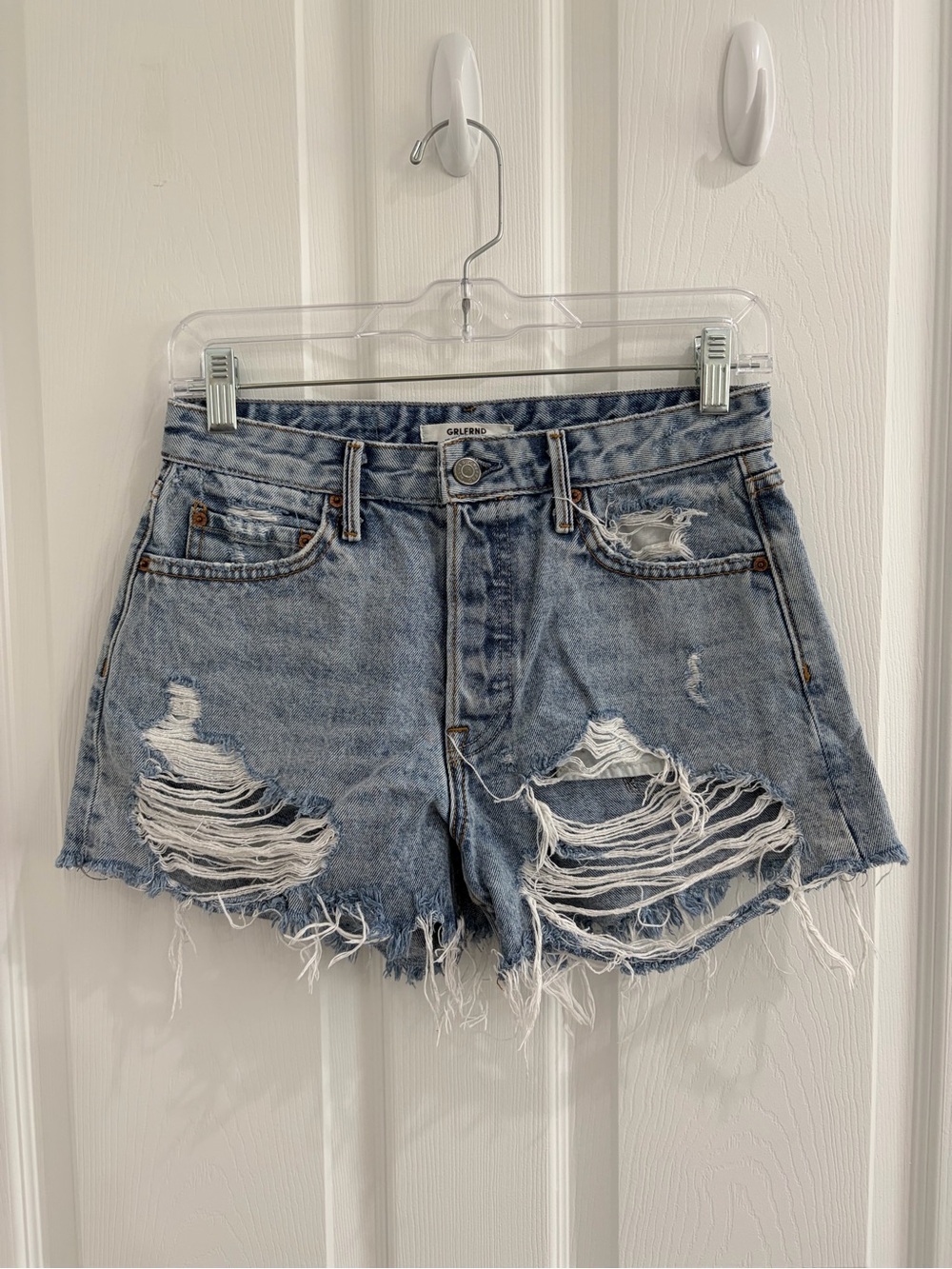 GRLFRND Light Blue Distressed High-Rise Denim Shorts